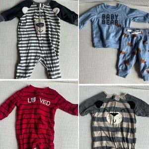 Bundle of 4, 0-3 month baby boy bear zipper footie onesies